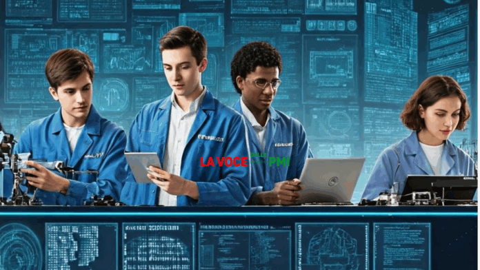 Giovani tecnici al lavoro in un impianto di meccatronica con robotica e automazione industriale