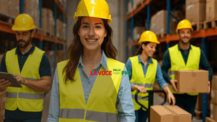 Tecnico delle operazioni di magazzino al lavoro con il team