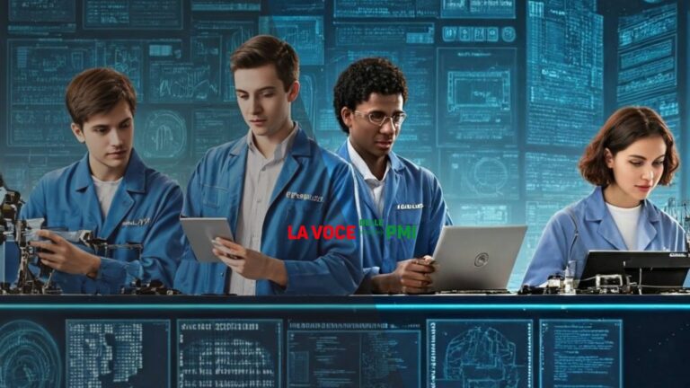 Giovani tecnici al lavoro in un impianto di meccatronica con robotica e automazione industriale